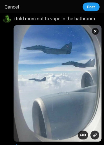 three fighter jets appear outside the window of a passenger plane in flight