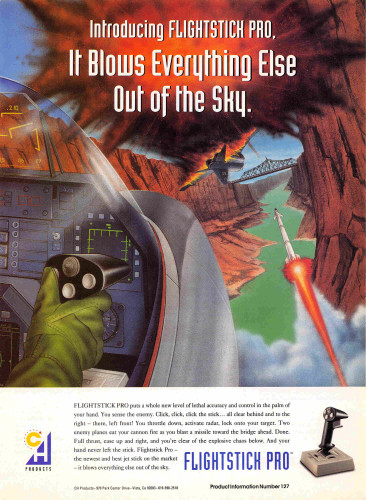 An ad for the Flightstick Pro from 1993. It has an illustration of a pilot using one in a plane. It says 'Introducing Flightstick Pro. It blows everything else out of the sky'. 