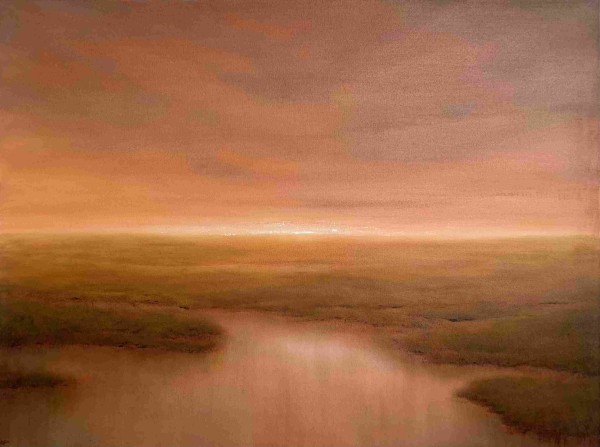Original oil painting by Tisha Mark, "The Light That Will Be", 30"x40" oil on canvas (2024). Landscape painting featuring an orange-toned sunrise sky over a coastal marsh.