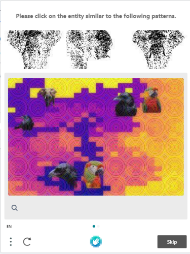 A screenshot of a captcha that shows black and white pixelated shadings of what, maybe, might be an elephant; and a large multi-colored image with many different patterns and other animals, which might indicate that a person should click the thing that looks almost like an elephant, too. It's really confusing.