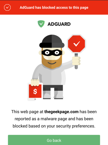 Screenshot of a warning screen saying, "AdGuard has blocked access to this page. This web page at the geekpage .com has been reported as a malware page and has been blocked based on your security preferences."