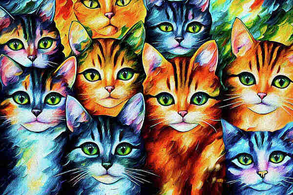 Portrait like painting of nine cats that are coloured mainly in various bright shades of blue, and shades of brown. All cats have some colourful touches to them. 