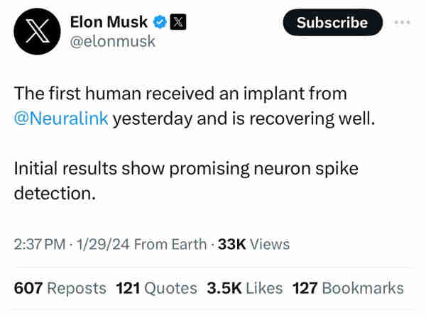 screenshot of tweet by Elon Musk stating the first human neuralink chip is recovering well.