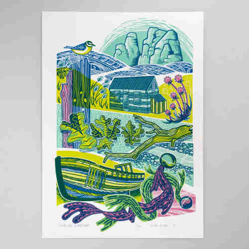 A four colour screenprint in blue-green, yellow, pink and dark blue showing a seaside garden and house with a beached boat below. At the bottom is seaweed and on the left are two planks of driftwood. At the top are some rocks. A Plover stands on the driftwood. There are sea pinks, bunnytails and sea kale.