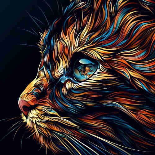 An artistic and vibrant rendition of a cat's profile. It features a close-up view, highlighting the intricate patterns and flowing lines that define the cat's fur. The color scheme is rich and striking, with a dominant use of orange, blue, and black hues that are intricately woven together to create a sense of depth and movement. The cat's eye is particularly detailed, with shades of blue that stand out against the warmer tones of the fur. This graphic portrayal of a cat combines natural elements with a dynamic, almost flame-like aesthetic, giving the artwork a lively and mesmerizing quality.