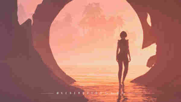 a shadowy figures with the shape of a women watching the horizon of a tropical planet landscape through the opening of a cave
