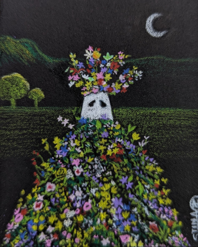 A ghost enveloped in flowers in a field, wearing a flower crown, with a crescent moon shining above (it's an homage to Midsommar)