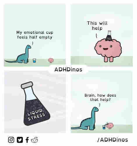 A four-panel comic strip from “ADHDinos.” The first panel shows a blue dinosaur looking at a half-empty glass, saying, “My emotional cup feels half empty.” The second panel features a pink brain character with a bottle on its head labeled “LIQUID STRESS,” saying, “This will help.” The third panel is a close-up of the bottle, clearly filled with a bubbling dark liquid called “LIQUID STRESS.” In the last panel, the dinosaur, now with the bottle next to it, asks, “Brain, how does that help?” The panels are framed with soft pastel backgrounds, and the bottom of the comic strip includes social media icons for Instagram, Twitter, and Facebook, along with a Reddit logo, with the text “/ADHDinos” indicating the source or creator of the comic. The artwork uses humor to depict the struggles of emotional management, potentially related to ADHD.