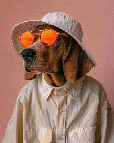 A Basset Hound dog dressed in a humorous, anthropomorphic style. The dog is wearing an oversized, off-white button-down shirt and an off-white bucket hat. Additionally, the dog is sporting bright orange, reflective sunglasses. The background of the image is a solid light pink color, adding to the whimsical and playful nature of the photo. The overall effect is a fashionable, relaxed, and stylish appearance, making the dog look like it's ready for a sunny day out.