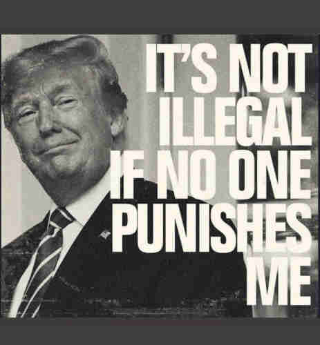A smug 45 stares out from a black and white photo. Bold white words overtop: "IT'S NOT ILLEGAL IF NO ONE PUNISHES ME."
