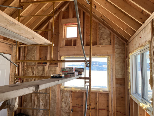 Interior of a cabin under construction. 