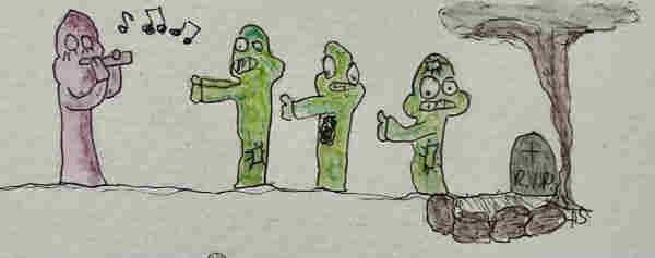 Hand-drawn image depicting a purple figure with eyes closed, playing a flute on the left and a line of green zombie-like characters coming towards him to the right, with a grayscale tombstone marked "R.I.P." under a tree at the far right.