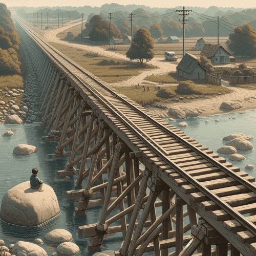 A railway bridge constructed of rails on wooden ties. There are no sides or roof. It is about 50 meters above a small flowing river. The land is flat with a few scattered trees that are near to the river. Crossing the bridge to the other side, you see a large rock and then a tiny suburban village. beside the train tracks. A little boy of three sits on that rock