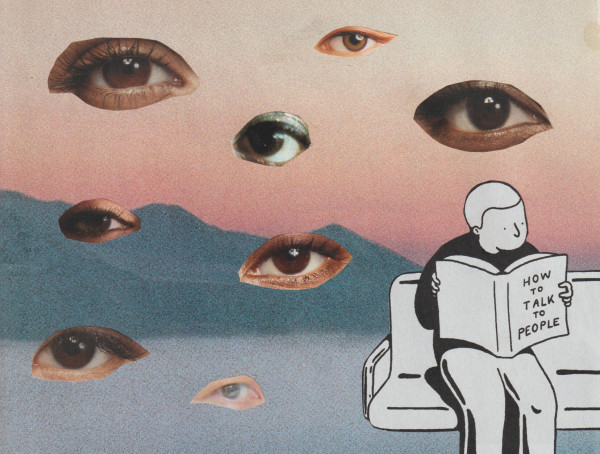 a cartoon figure sits on a bench reading a book titled "how to talk to people", a wall of eyes is behind them in a misty landscape