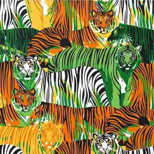 Creative artwork of many striped tigers in the colours yellow, white, green and orange, with black stripes. 