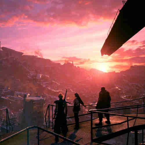Screenshot from the game Final Fantasy VII Remake with  the main characters Cloud, Tifa and Barrett standing on a plattform on some tall building overlooking a red sunset and a landscape with ruins.