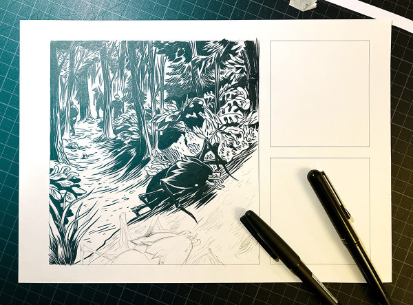 A work in progress view of a comic page. The page is divided in 3 panels, one big and two smaller ones, which are still empty. The big panel shows two insect-like creatures crawling on a piece of wood. Behind them a lush forest. Between the trees, 3 armed men, dressed in black, one wearing an AR head set are searching for something or somebody.