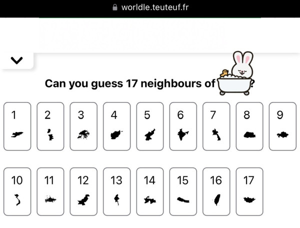 Screenshot of a daily geography game called Worldle. On the previous screen, I correctly identified the shape of a country. On this screen, I was asked to identify the shapes of seventeen of that country’s neighbors. The name of the country has been obscured by an electronic sticker of a cartoon rabbit in a bathtub. 