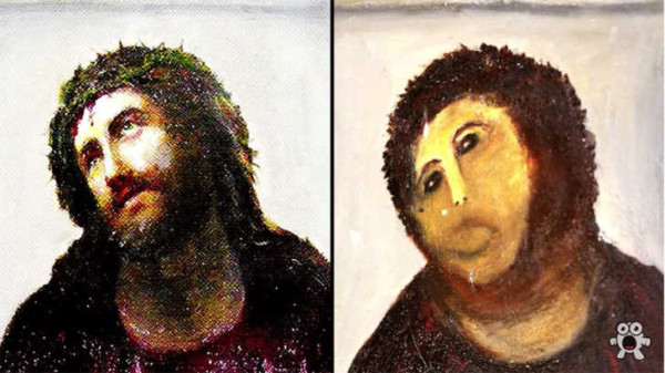 Still image. Restoration of Ecce Homo (García Martínez and Giménez), a largely unknown fresco of christ crowned with thorns. It is now notorious for the restoration attempt, shown side by side with the starting point. The restoration has turned the face into vast swathes of hot and cold browns, and very simple features, essentially unrecognizable. 