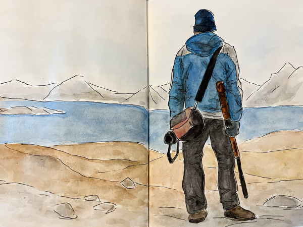 Watercolour sketch of a man, seen from behind, dressed in warm clothing, watching the sea in front of him. He's holding a photo camera in his left and a long gun in his right hand.