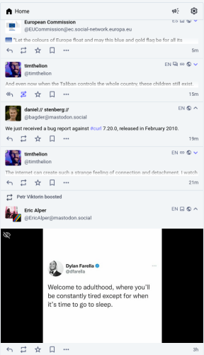 A screenshot showing a Mastodon timeline with a European Commission post collapsed, and a screenshot of twitter (which is missing its alt text) expanded. Demonstrating how the rules for auto-collapsing text and expanding images harms the platform, users and accessibility.