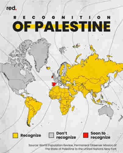 World map showing countries who recognise Palestine in yellow (pretty much the entirety of Asia, Africa and South America, and Russia); those soon to recognise it in red (Ireland and Spain).  The rest of the world is grey.  
