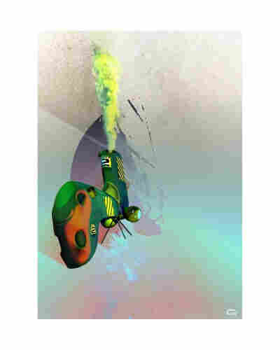3D composite scifi illustration of a submarine like spaceship venting a gas