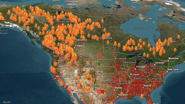 Map of wildfires; large ones in Canada are mostly in BC and Alberta.