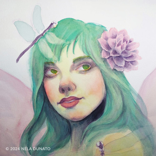 Unfinished watercolor portrait painting of a fairy with green hair, greenish-pink skin and a dragonfly and lotus flower on her head.