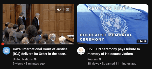 A screenshot as described with one square from the ICJ on the left showing a wood panelled courtroom and one square on the right showing a blue UN flag.
