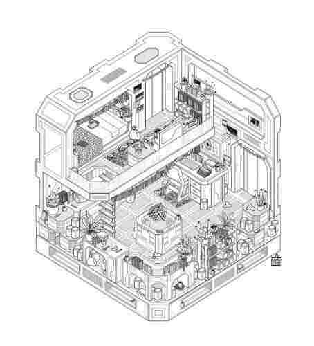Isometric illustration os a scifi interior. (NS: jeans )