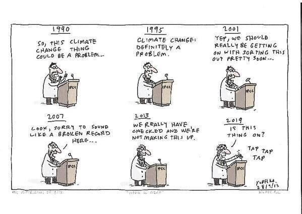 The cartoon shows a scientist at a lectern talking on six different years:
1990 "So, this climate change thing could be a problem ..."
1995 "Climate change: Definitely a problem"
2001 "Yep, we should really be getting on with sorting this out pretty soon ..."
2007 "Look, sorry to sound like a broken record here ..."
2013 "We really have checked, and we're not making this up"
2019 "is this thing on?" Scientist tapping the microphone 

The six years depicted were all years in which IPCC reports were published
