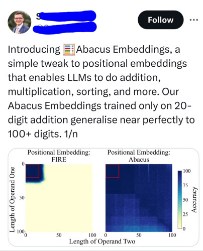 Ad: introducing Abacus Embeddings, a simple tweak to positional embeddings that enables LLMs to do addition, multiplication, sorting, and more. Our Abacus Embeddings trained only on 20- digit addition generalise near perfectly to 100+ digits. 