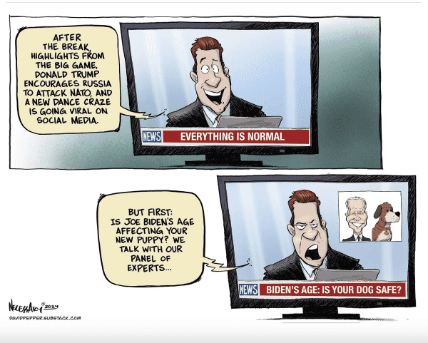 A political cartoon by Kevin Necessary at David Pepper's Pepperspectives site today entitled "Coverage"