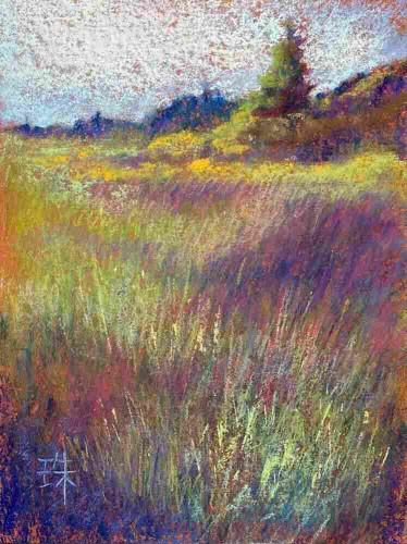 Very colorful pastel painting of a spring meadow. Textured.