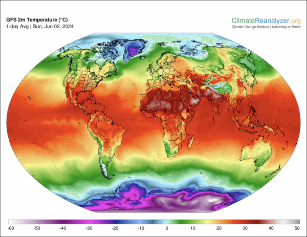 Global weather map for Sunday, June 2, 2024 shows extreme heat across most of the central regions of the planet, especially concentrated in North Africa, the Middle East and the Indian subcontinent.