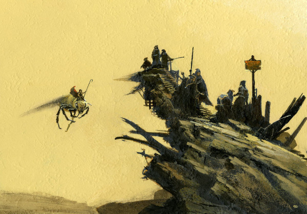 A figure with hooked staff and red windswept cloak rides on the back of a bee flying across a yellow desert background toward a makeshift taxi stand. The platform extending from a rocky outcrop appears derelict, but hooded figures wait atop it and along the stairs leading up. Boards and other exposed structure jut out from the underside. The line of commuters extends down to the rocks where a wooden sign rises to mark the route.
