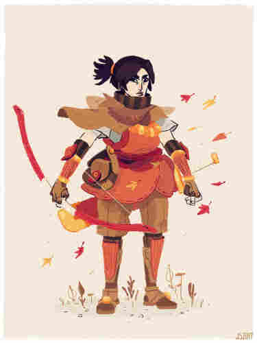concept art of an archer character holding a bow, leaves blowing in the wind drawn using earthy palette colours