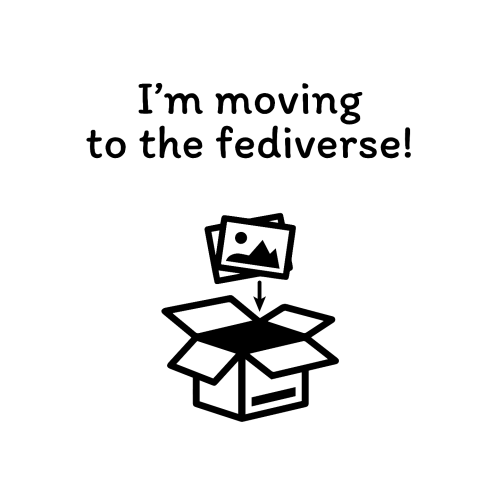 I'm moving to the fediverse! Simple icon graphic of pictures being packed into a moving box