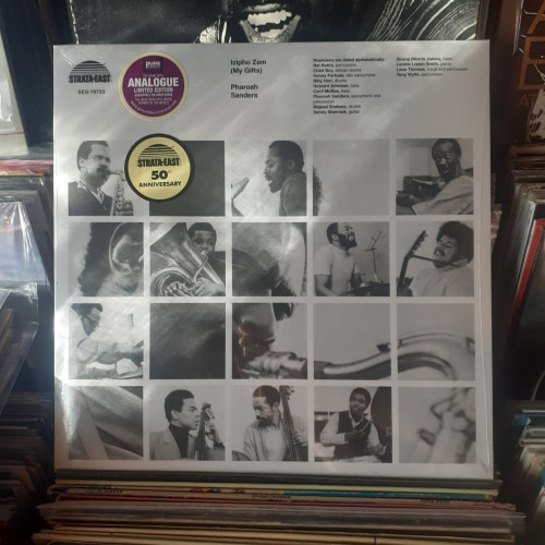 Album cover features black and white photos of the musicians playing their instruments. The photos are arranged in a grid, and interspersed among them are portions of a larger photo of Pharoah Sanders playing saxophone. It's a cool design.