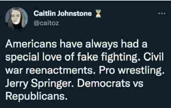 Cailin Johnstone: Americans have always had a special love of fake fighting. civil war reenactments. pro wrestling. Jerry springer. Democrats vs Republicans.