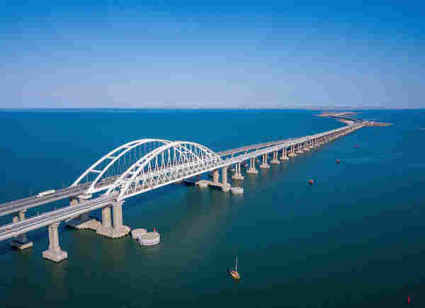Kerch bridge photographed from above, by Росавтодор. 