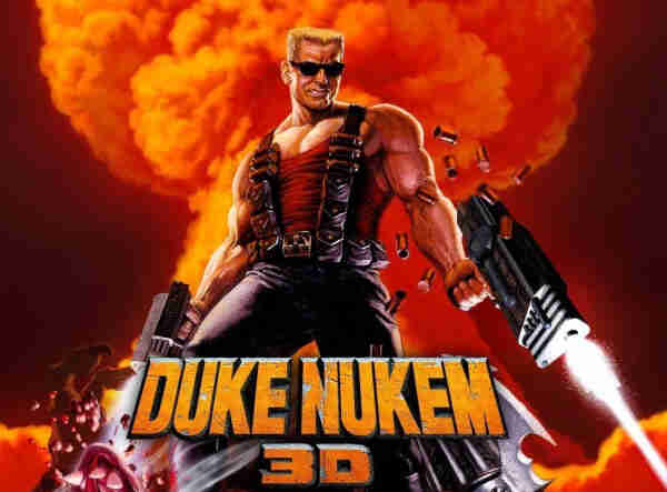 The cover of Duke Nukem 3D, with a huge exploration behind him, and Duke shooting down with dual guns and sunglasses on. The logo for the game in big yellow-orange font beneath him. 