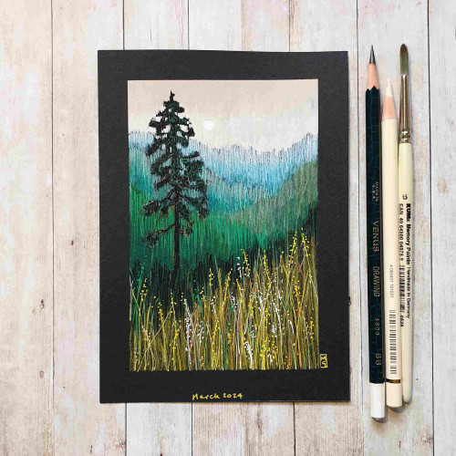 Original drawing - Lone Tree on in the Hills
A landscape drawing of a tree in the hills with tall grasses in the foreground. A palette of green, yellow, black and beige was used for this drawing. 
Materials: colour pencil, mixed media, acid free black artist paper
Width: 5 inches
Height: 7 inches