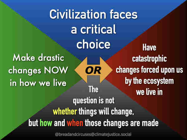 Colorful graphic with text: Civilization faces a critical choice. Make drastic changes NOW in how we live, or have catastrophic changes forced upon us by the ecosystem we live in. The question is not whether things will change, but how and when those changes are made. 