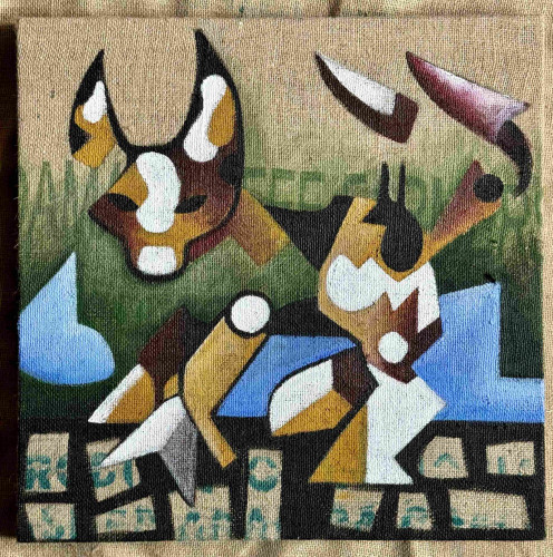 abstraktes Gemälde (50x50 cm) im kubistischen Stil auf Jute [Kaffeesack] mit geometrischen Formen, die an ein Tier in einer Landschaft erinnern;