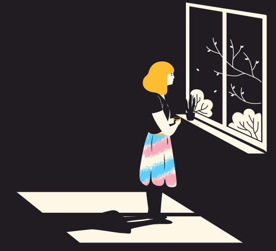 A mostly black and white image of a woman standing alone in front of a window in an otherwise black room, the light from the window casting her shadow on the floor. Her hair, belt, and the cup she holds are golden, and her skirt has trans pride flag color stripes on it. Original art by lrasonja on pixabay.