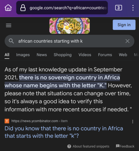 Screenshot of Google Search for "african countries starting with K". The top result is a page indicating that "there is no sovereign country in Africa whose name begins with the letter K."