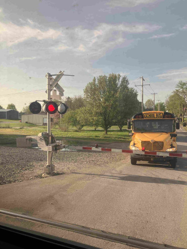 A school bus stopped at the level crossing waiting for us to move our ass, I guess?
