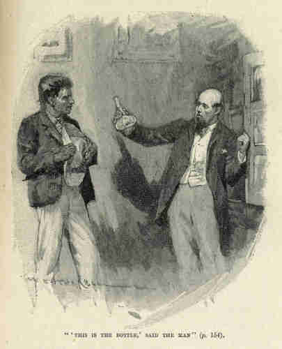An engraved book illustration. A Hawaiian man stands on he left, golding a wide-brimmed hat against his chest. On the right, a European man – bald, with a beard but no moustache – proffers a long-necked, fat-bellied bottle. He casts a dark shadow on the wall behind him, between the two figures.

Caption: "'This is the bottle', said the man"